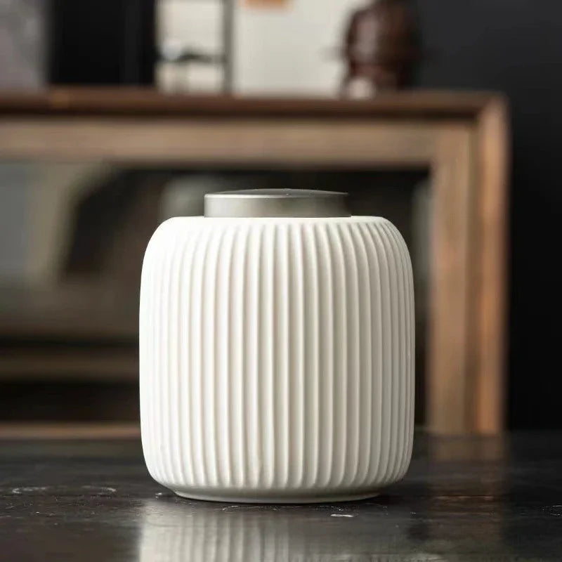Ivory Ribbed Ceramic Urn